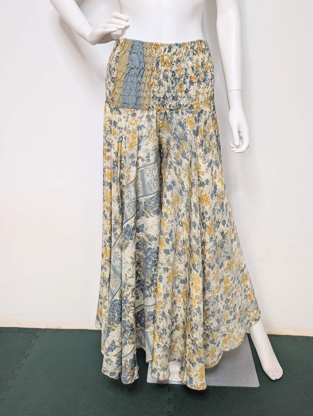 Y2K Cream, Yellow & Blue Floral Extra Flowy Smocked Waist Wide Leg Palazzo Pants